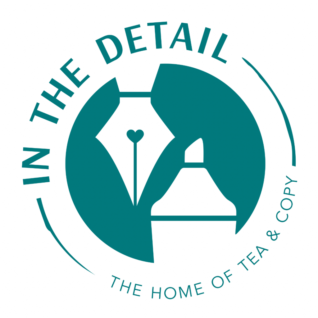 In the Detail logo with two pens and the words "The home of tea & copy"